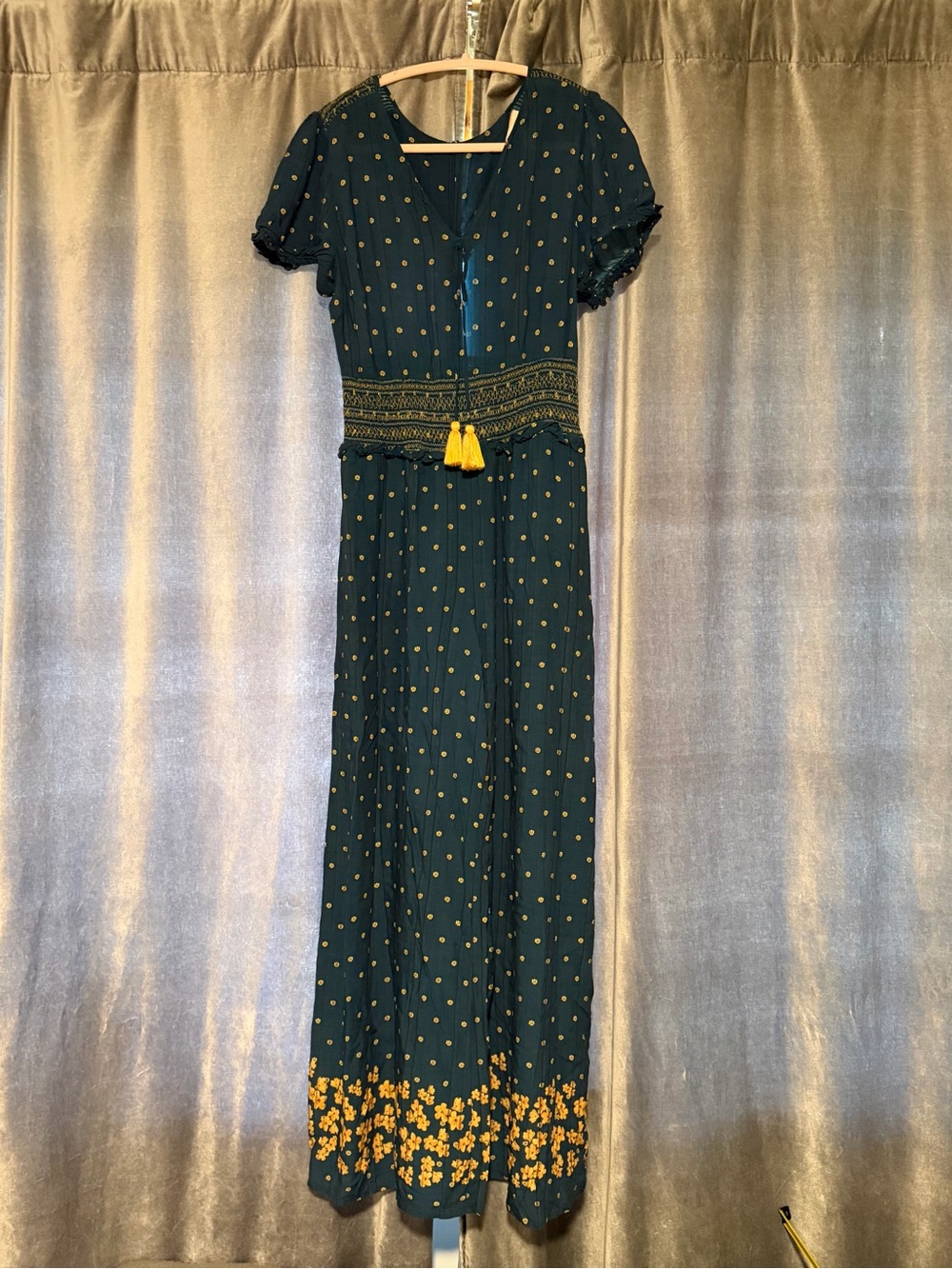 Farm Rio Women's Teal Romper with Yellow Tassel Detail